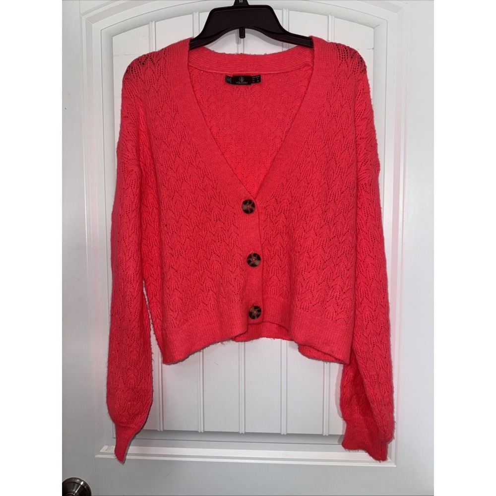 Volcom Sweater Button Front Light Weight Woman Sz S Hot Pink Tortoise Buttons